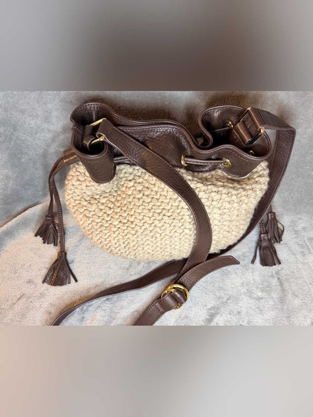 UGG Cable Knit Lambswool and Yak Drawstring Hobo w/ Brown Leather Trim - Picture 6 of 12